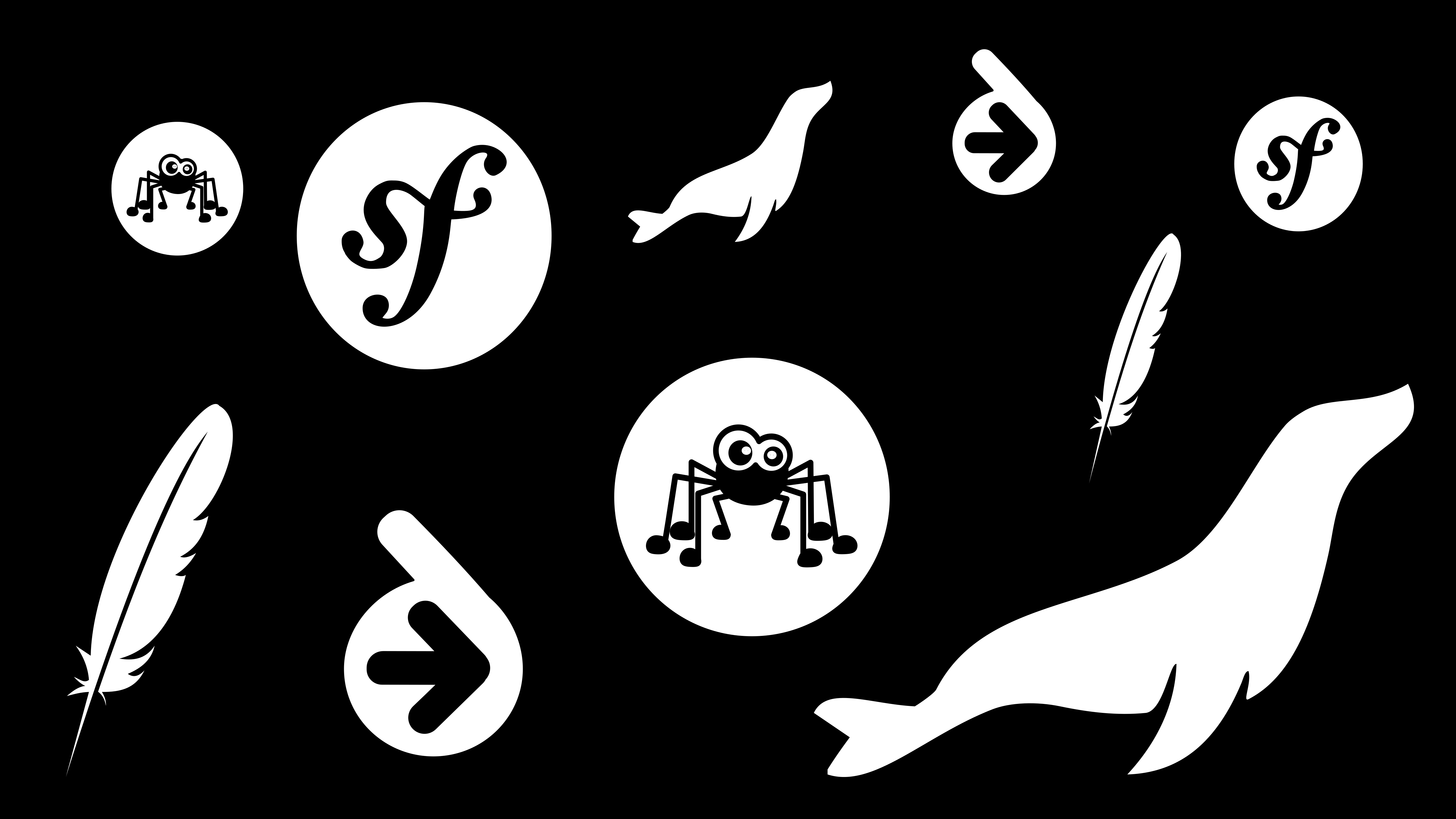 Schwarz-weiße Collage mit Logos bewährter Web-Technologien
      wie Symfony, Doctrine und API Platform – Frameworks, die wir in der Entwicklung erfolgreich einsetzen.